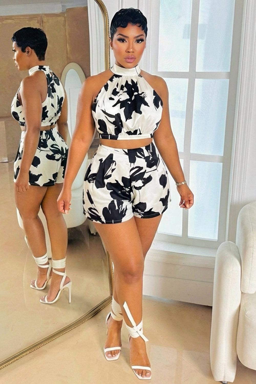 Halter Sleeveless Top High Waist Shorts Casual 2pcs Set-White