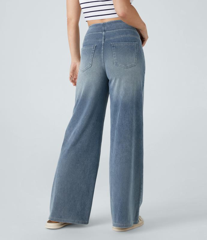 2026🔥 FlexTM High Waisted Multiple Pockets Baggy Wide Leg Washed Stretchy Knit Casual Jeans