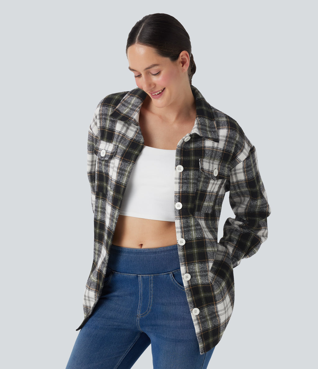 Plaid Curved Hem Casual Shirt Jacket with Flap Pockets