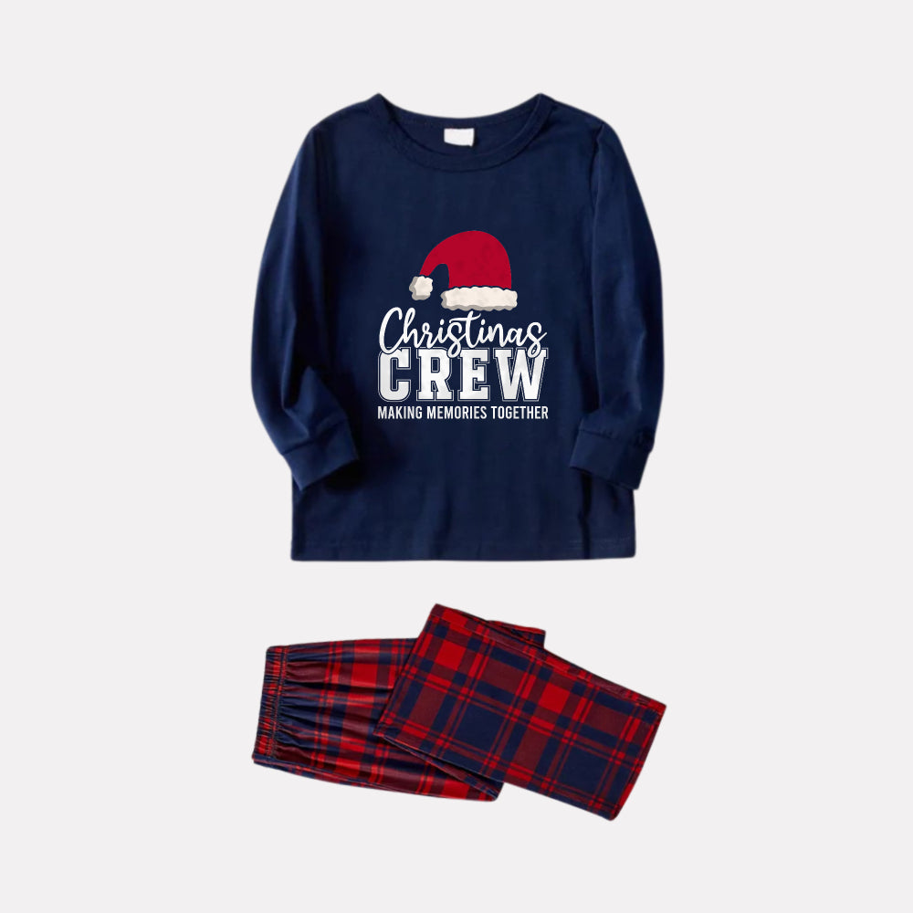 Christmas Family Matching Pajamas-Navy & Red Plaid Pjs Set with "Christmas Crew Making Memories Together" and Santa Hat Pattern Print