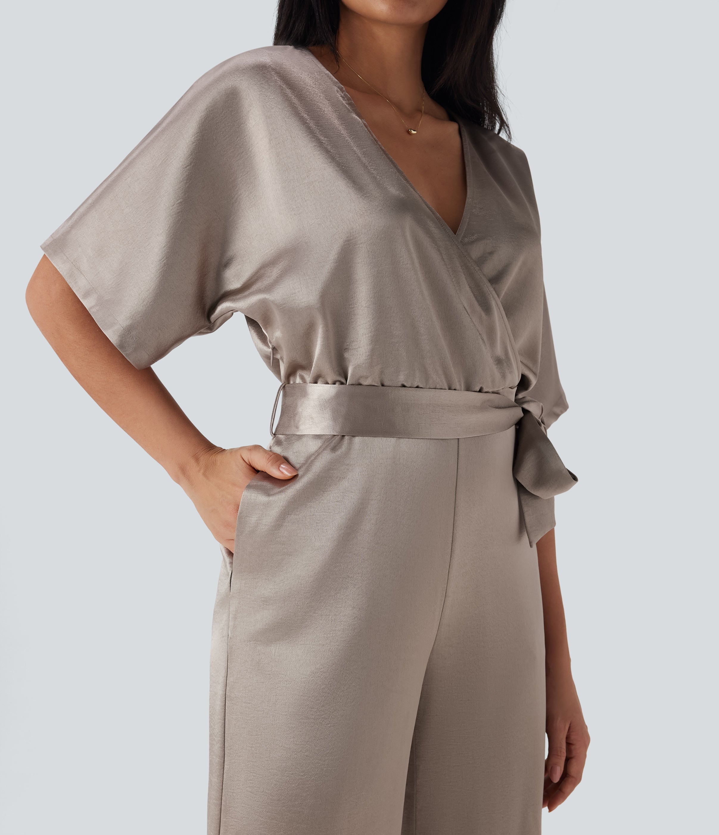 Crossover V Neck Belted Wide Leg Satin-like Work Jumpsuit with Pockets