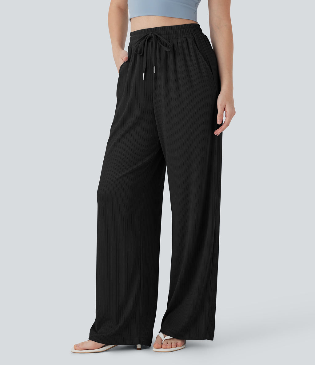 Ribbed Knit High Waisted Drawstring Straight Leg Casual Pants with Pockets