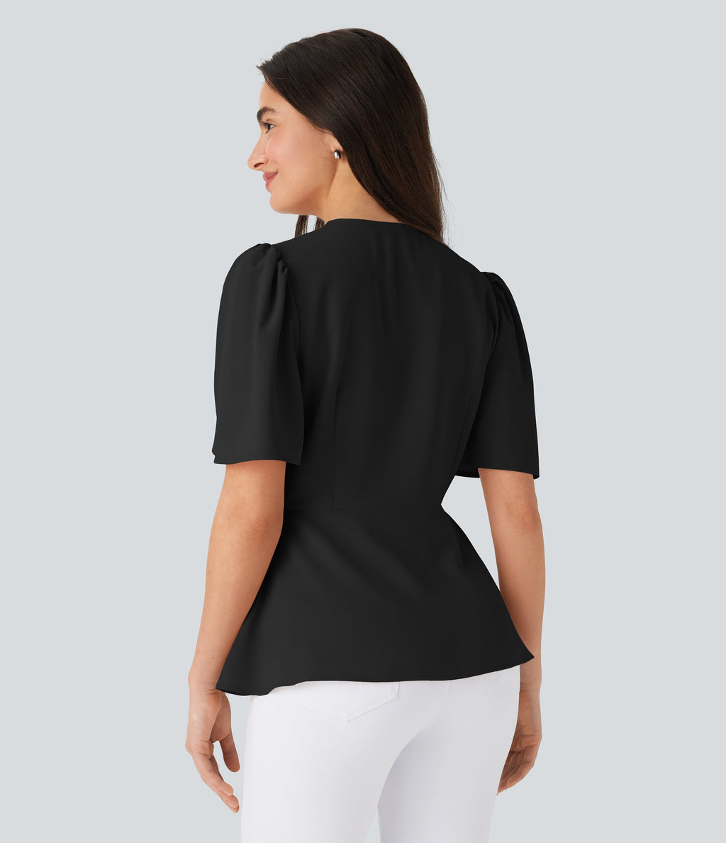 V Neck Short Sleeve Ruffle Hem Work Top
