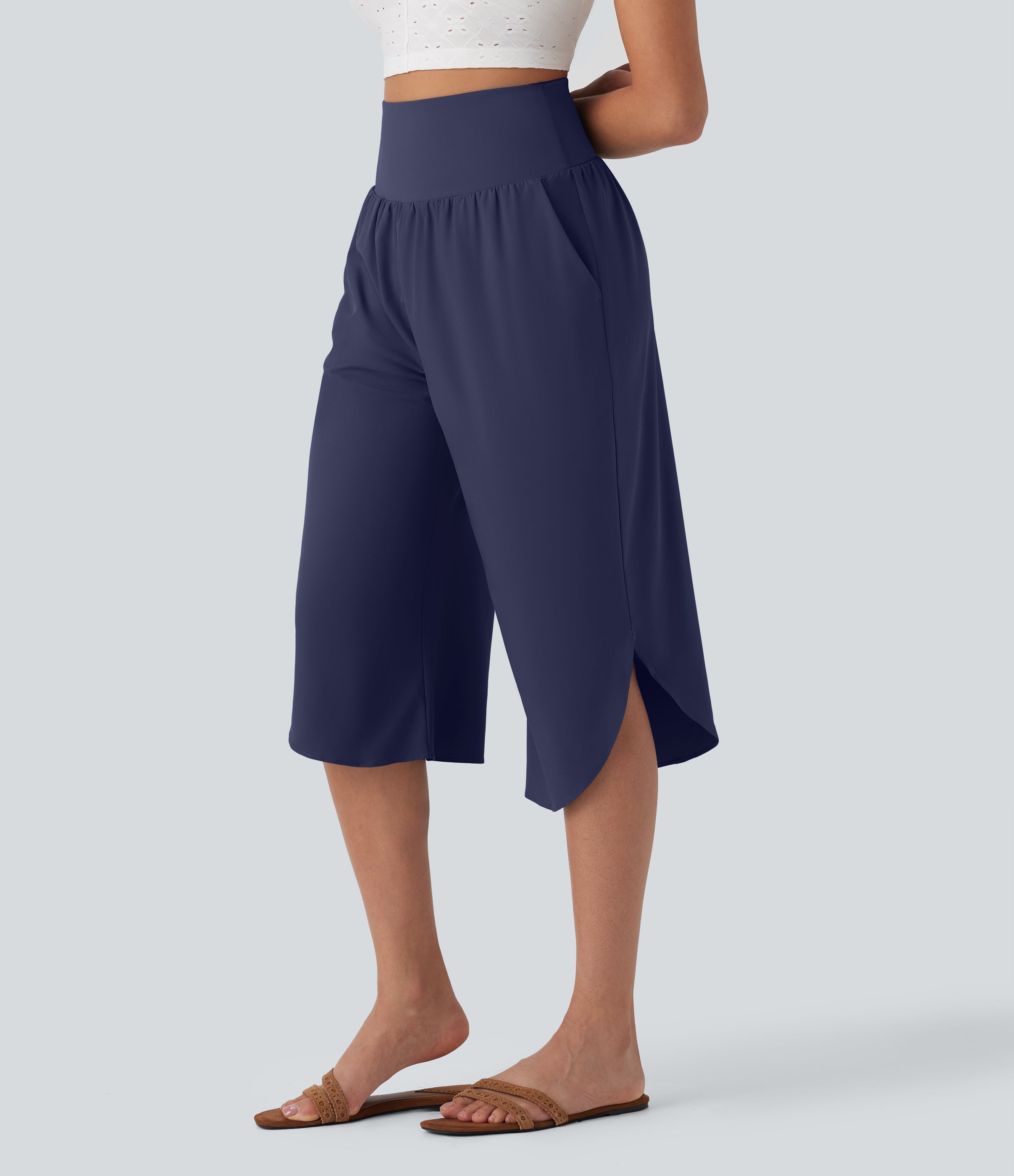 BreezefulTM SoCinched High Waisted Tummy Control Hem Quick Dry Capri Pants with Pockets