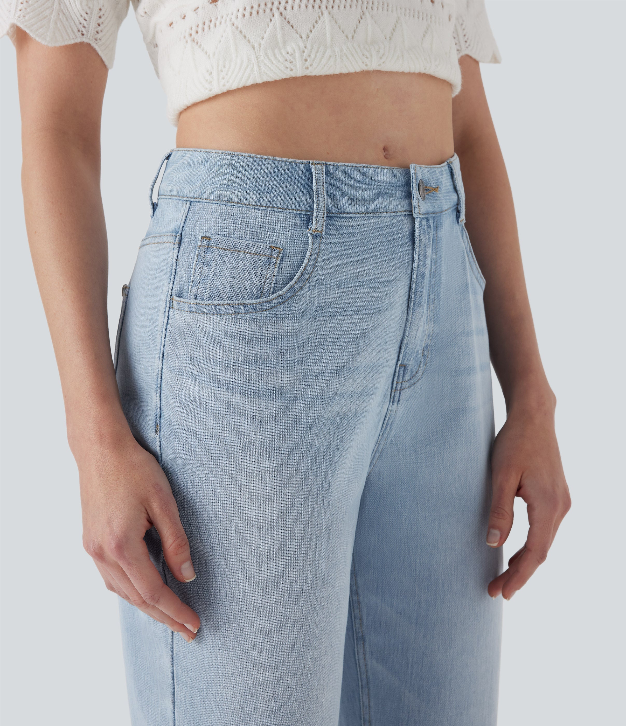 FlexTM Mid Rise Straight Leg Washed Casual Jeans with Pockets