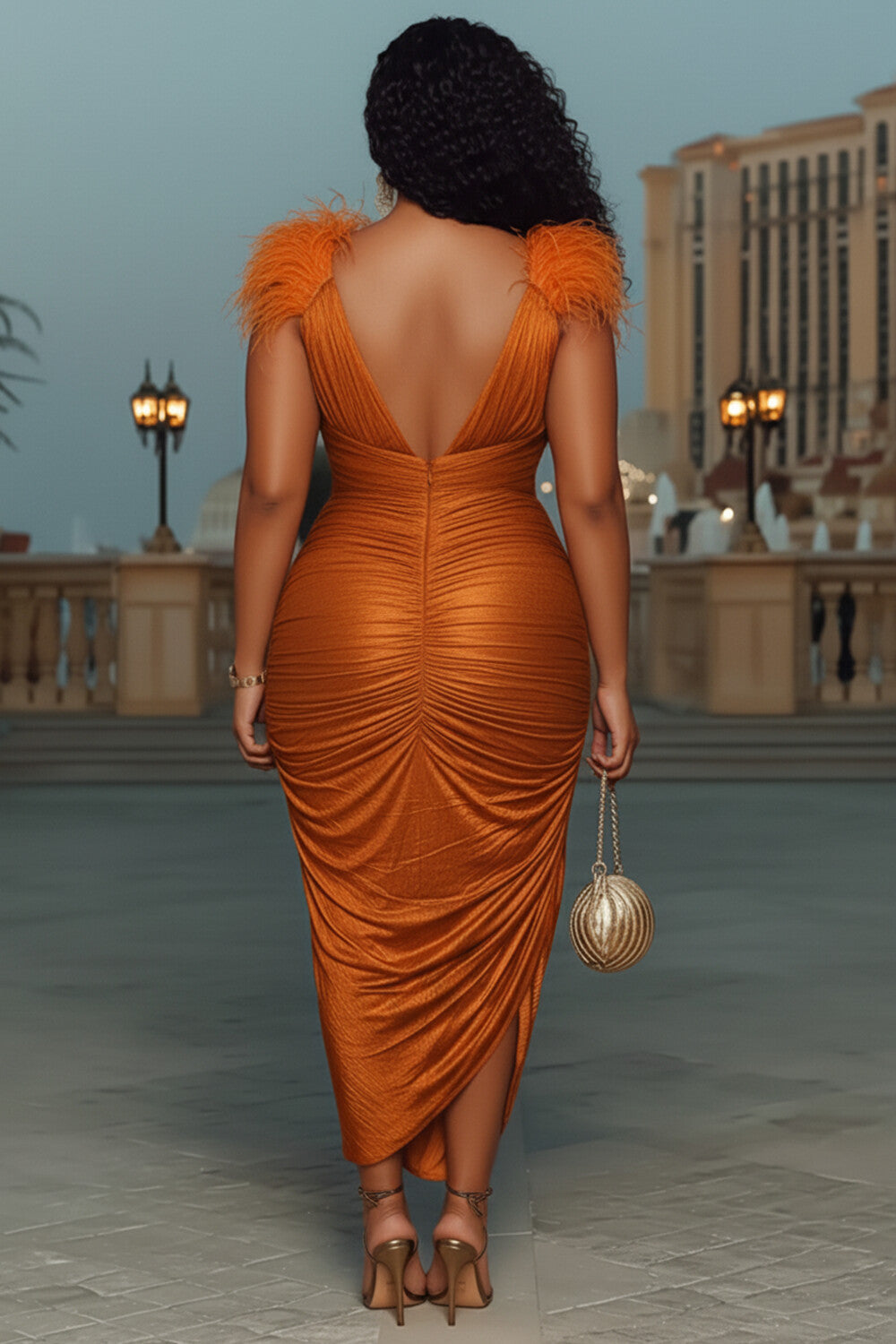 V Neck Feather Ruched Halloween Party Satin Maxi Dresses-Orange