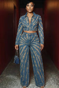 Zip-Up Crop Jacket Print Wide Leg Pants Denim 2pcs Set-Blue