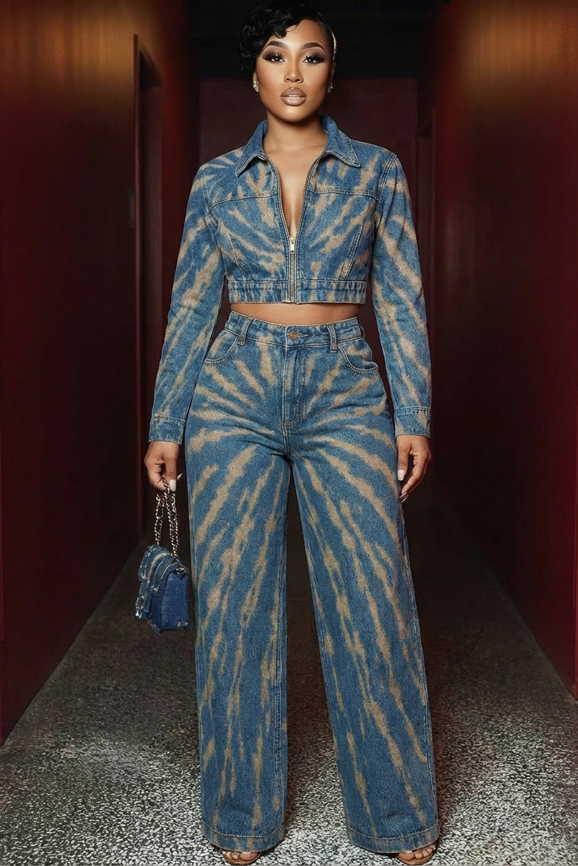 Zip-Up Crop Jacket Print Wide Leg Pants Denim 2pcs Set-Blue