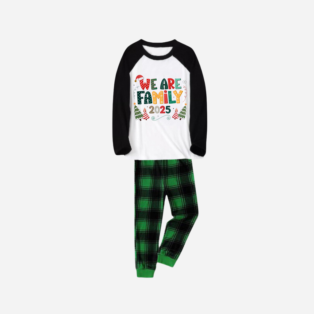 Black Raglan Top Green Plaid Christmas Pajamas Set With "We are Family" Colorful Text Print