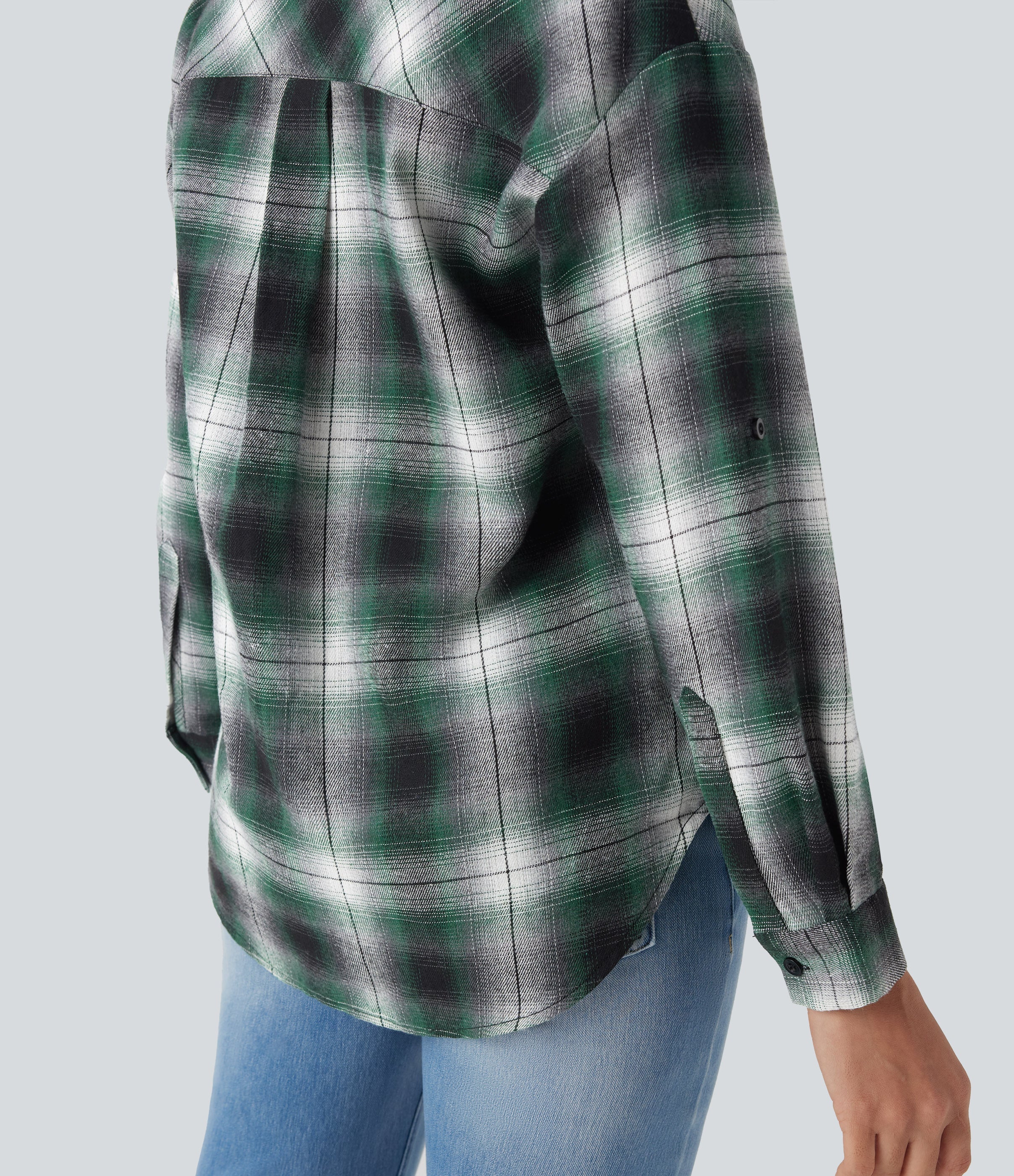 V Neck Curved Hem Plaid Casual Blouse
