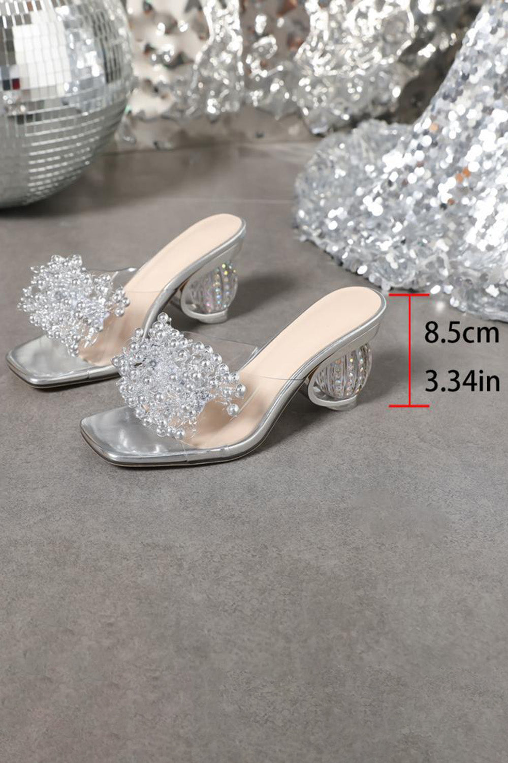 Rhinestone Flower Square Toe Slides Party Chunky Heels-Silver