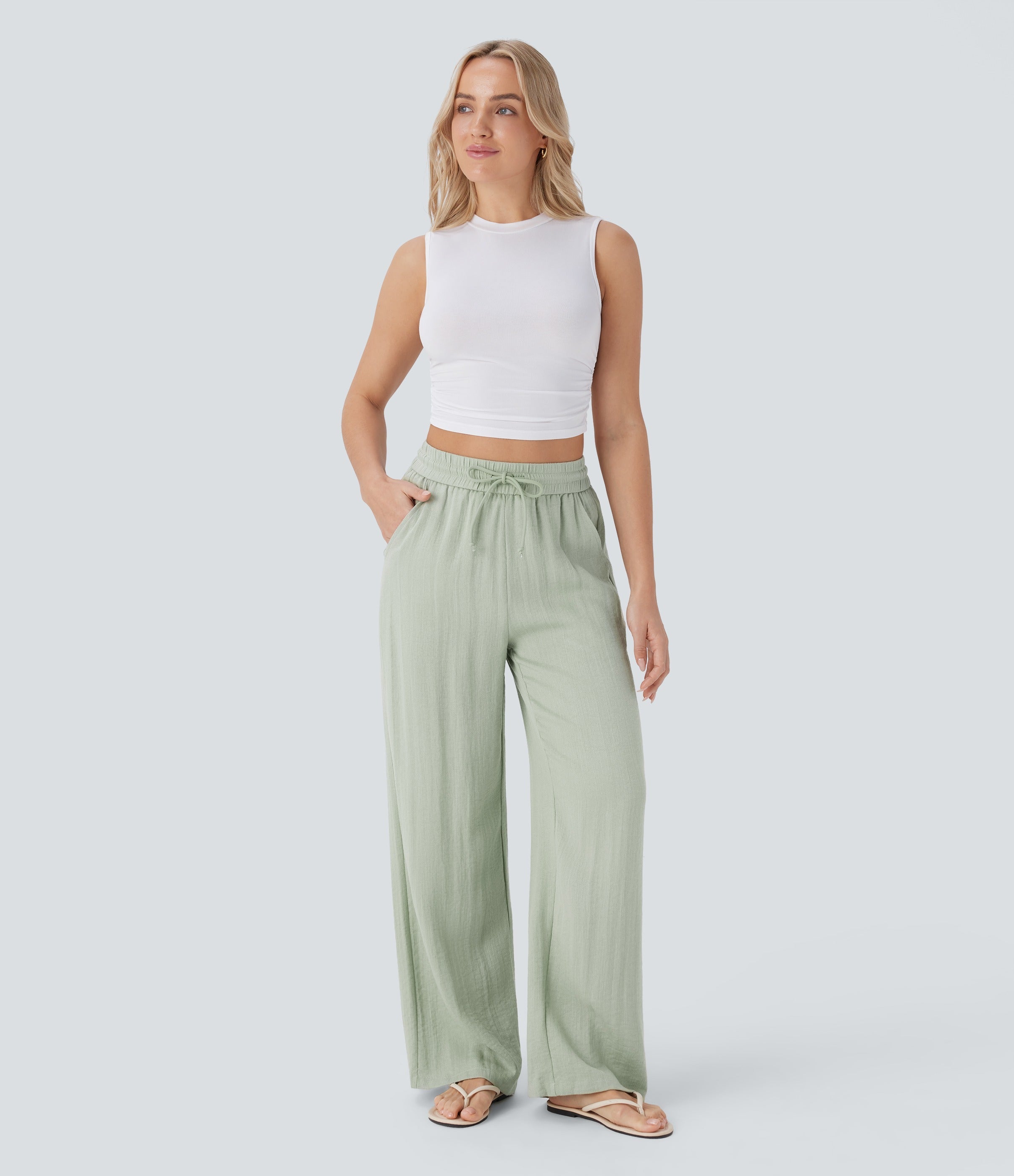 Women Summer High Waisted Drawstring Pocket Wide Leg Casual Linen-Feel Pants