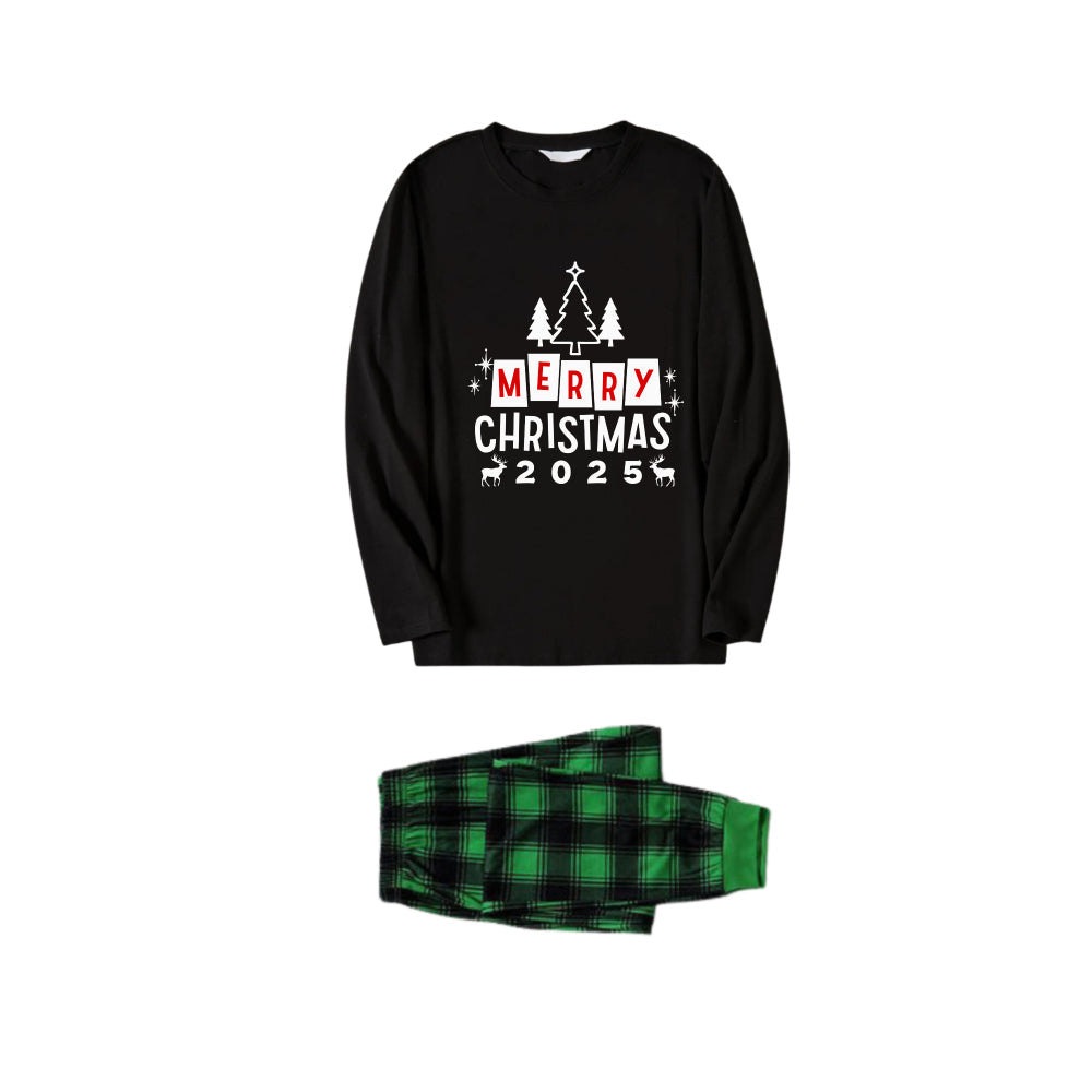 Christmas Family Matching Pajamas-Black Top and Green Plaid Pants Pjs Set with "Merry Christmas 2025" Print