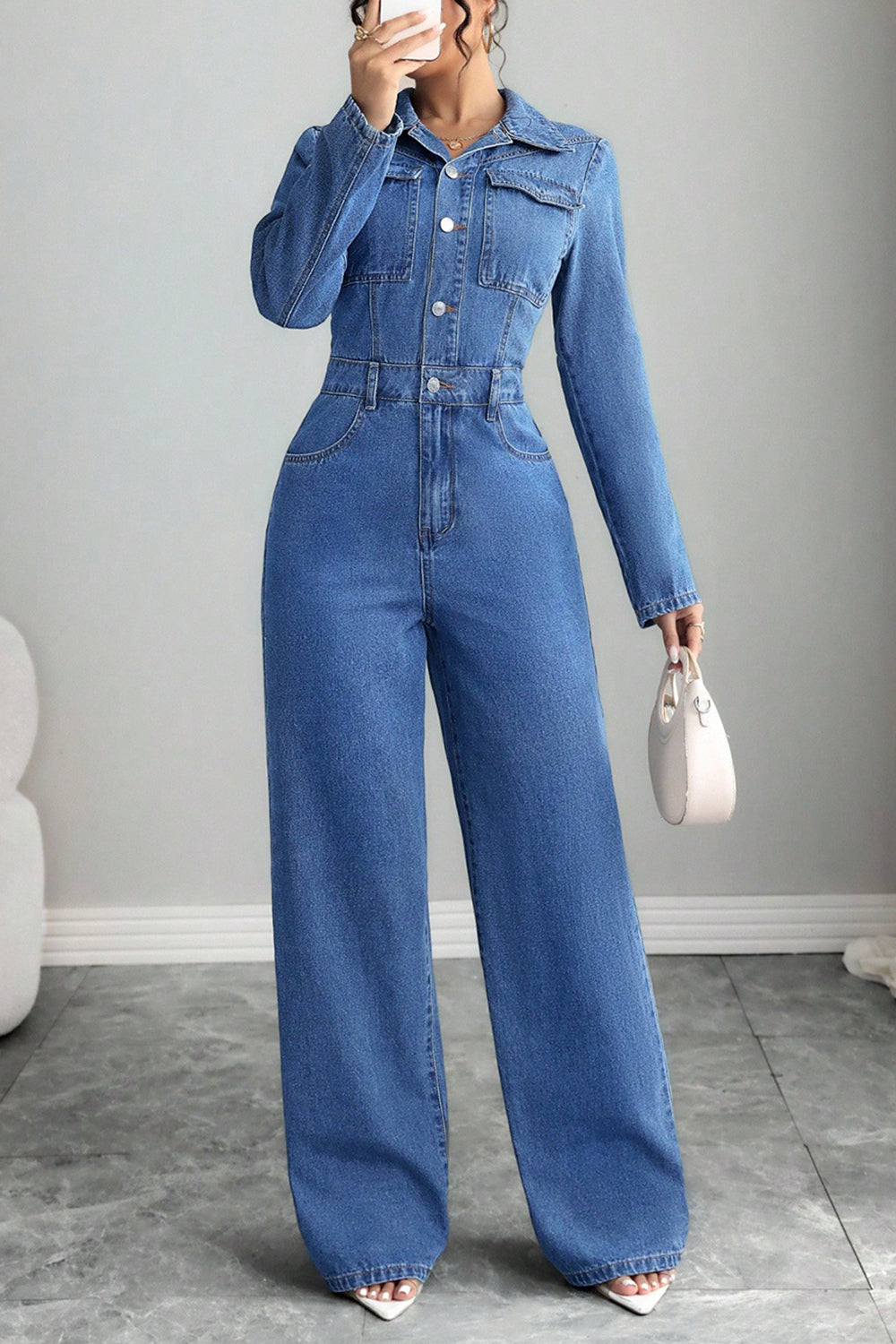 Denim Turndown Collar Long Sleeve Solid Color Wide Leg Casual Jumpsuit-Blue