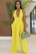 Halter Backless Sash Wide Leg Solid Color Casual Jumpsuit-Yellow