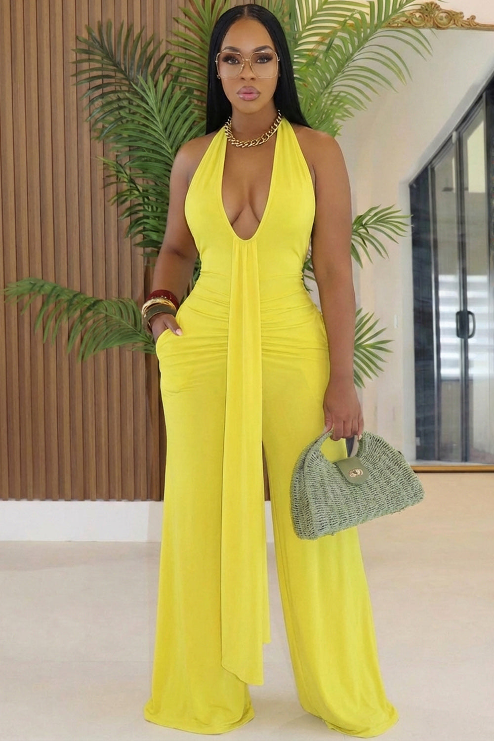 Halter Backless Sash Wide Leg Solid Color Casual Jumpsuit-Yellow