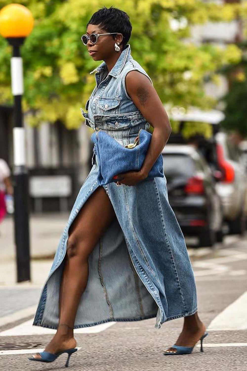 Denim Turndown Collar Sleeveless Slit Slim Fit Casual Maxi Dresses-Blue