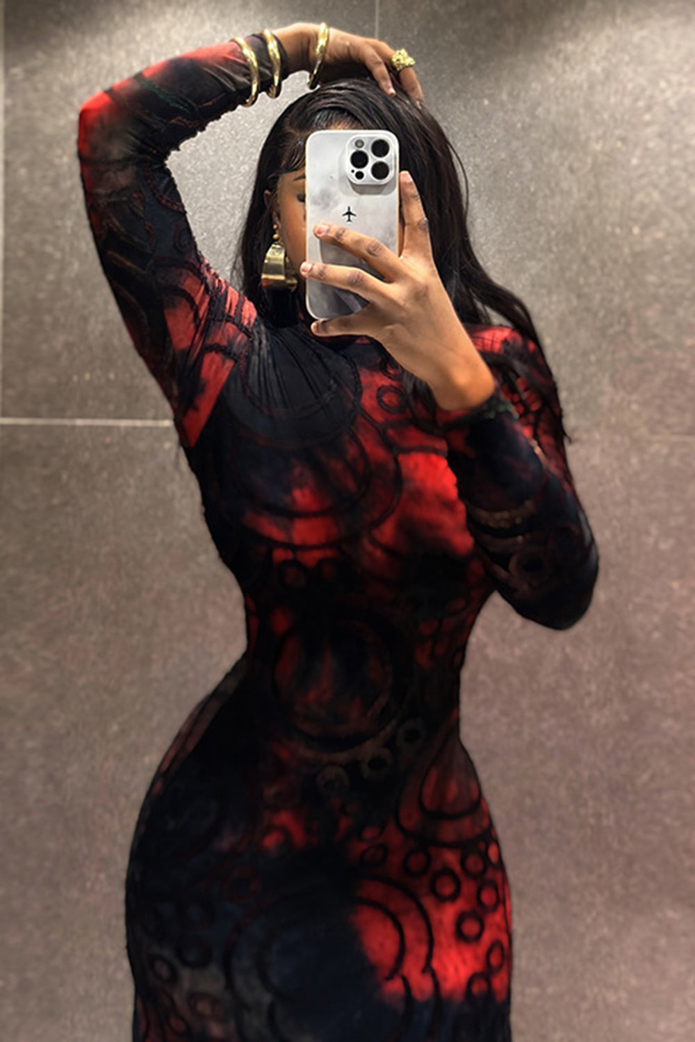 Party All Over Print Mock Neck Long Sleeve Bodycon Maxi Dresses-Black