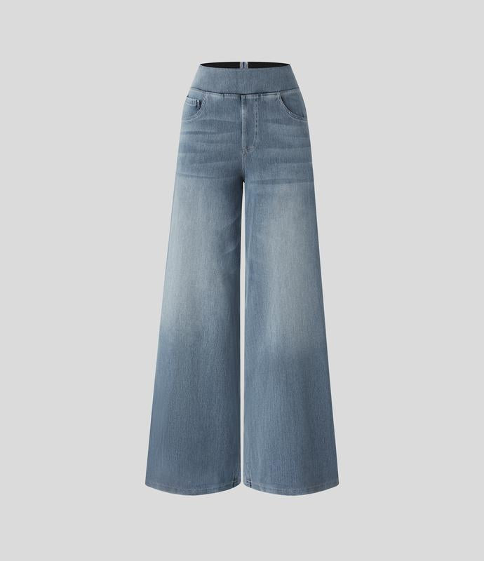 2026🔥 FlexTM High Waisted Multiple Pockets Baggy Wide Leg Washed Stretchy Knit Casual Jeans