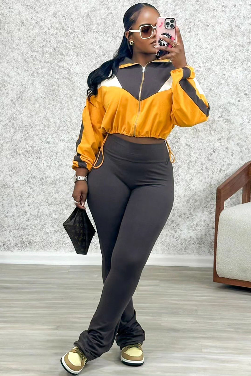 Colorblock Ruched Zipper Crop Top Plain Pants 2pcs Set-Fuchsia