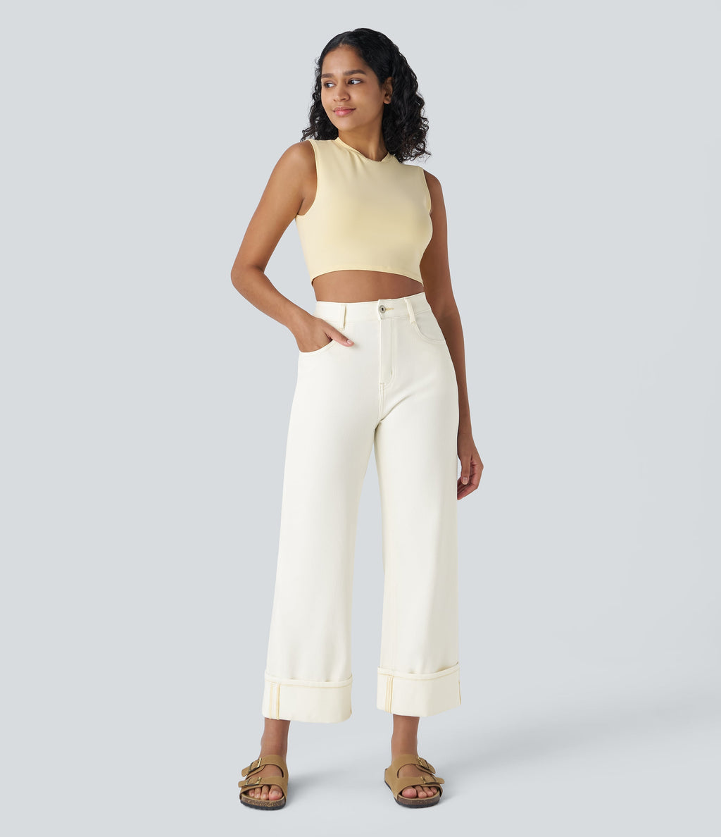 FlexTM High Waisted Multiple Pockets Rolled Hem Wide Leg Washed Stretchy Knit Casual Jeans