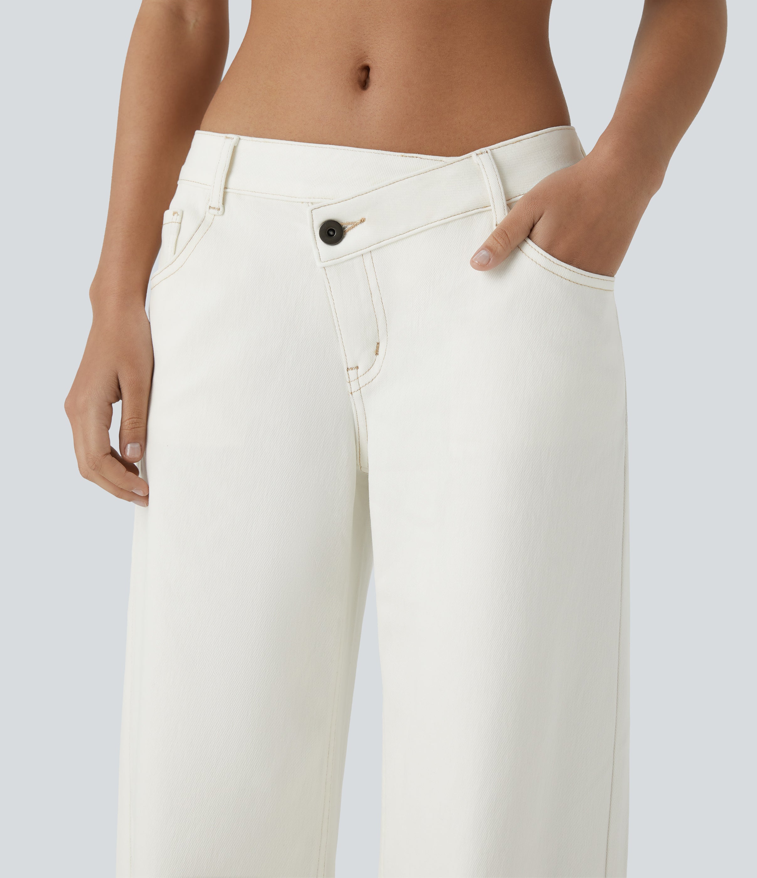 FlexTM Asymmetric Low Rise Zipper Pockets Baggy Wide Leg Washed Casual Jeans