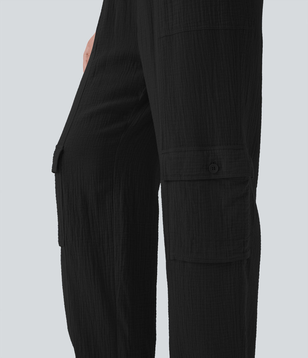 High Waisted Drawstring Wide Leg Cargo Casual Cotton Pants with Pockets