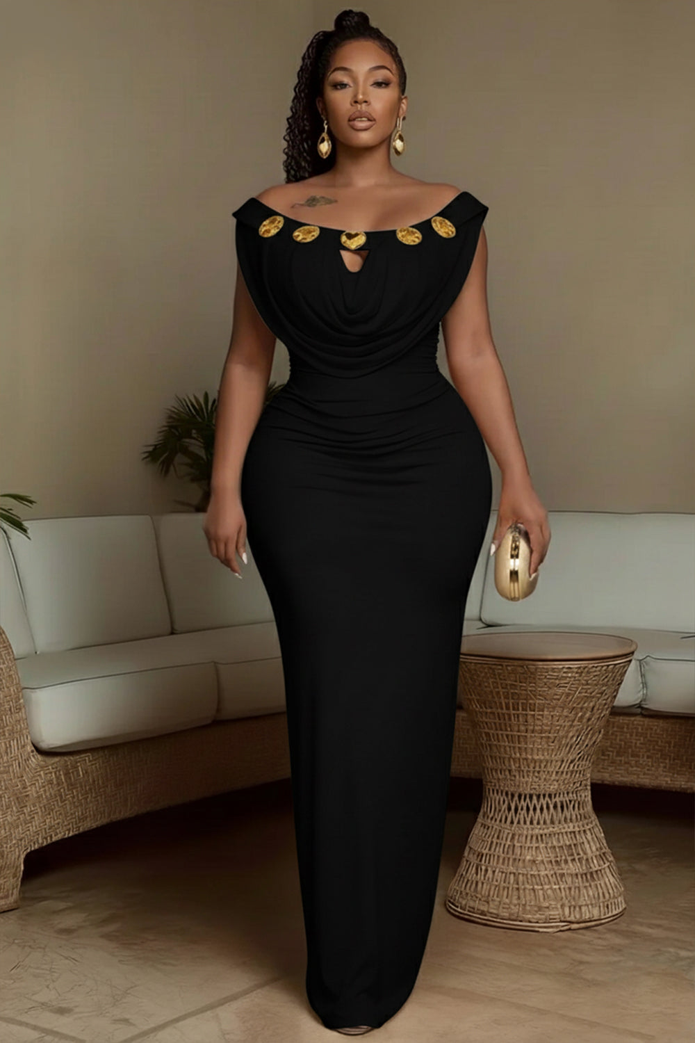 Cowl Boat Neck Alloy Decor Slim-Fit Party Maxi Dresses-Beige