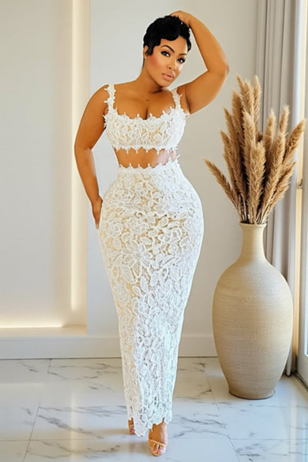 Lace Square Neck Crop Top Bodycon Maxi Skirt Gowns 2pcs Set-White