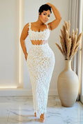 Lace Square Neck Crop Top Bodycon Maxi Skirt Gowns 2pcs Set-White