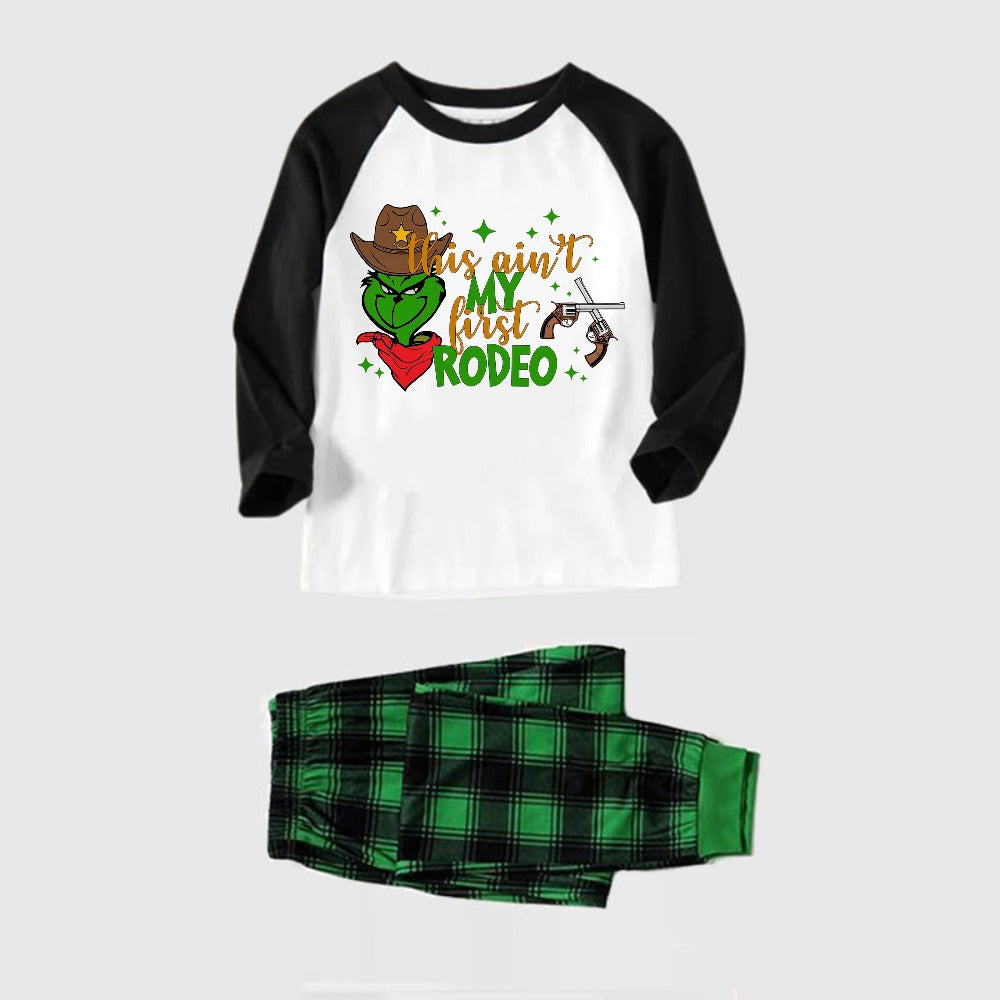 Black Raglan Top Green Plaid Christmas Pajamas Set With Western Grinch Print
