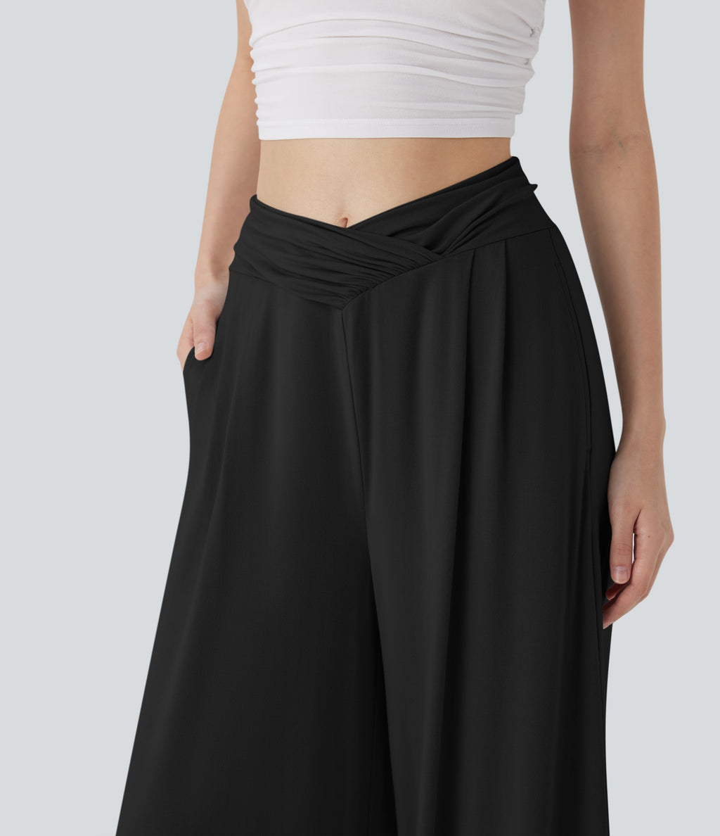 Mid Rise Crossover Ruched Wide Leg Casual Pants with Pockets