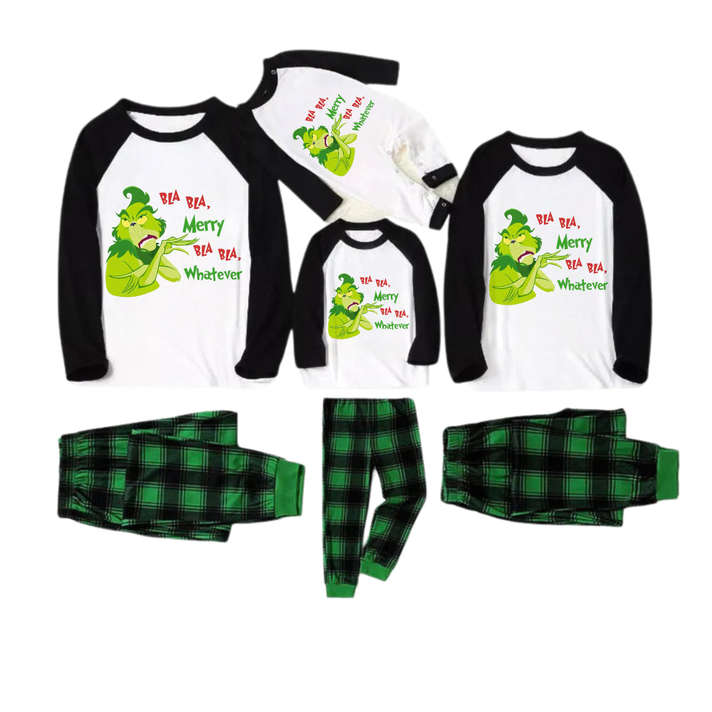 Black Raglan Top Green Plaid Christmas Pajamas Set With Funny Grinch and Holiday Text