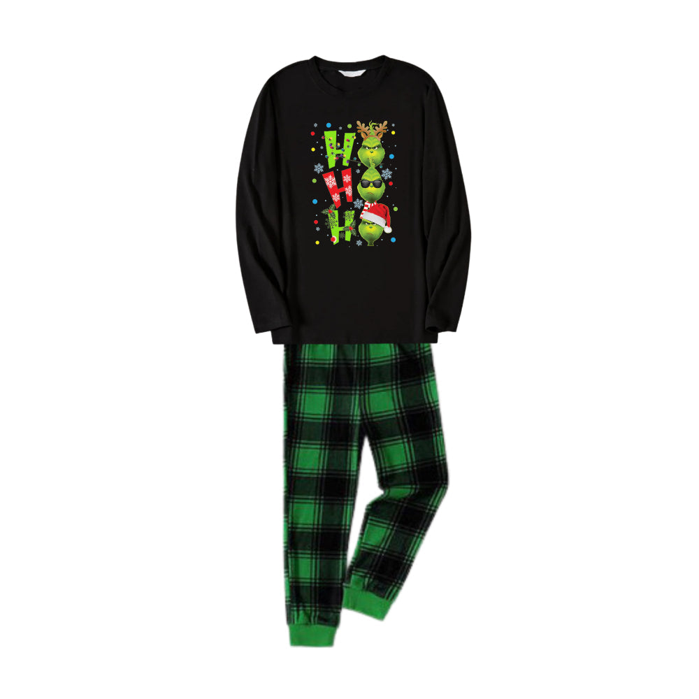Christmas Family Matching Pajamas-Black Top and Green Plaid Pants Pjs Set with Grinch and "HO HO HO" Print