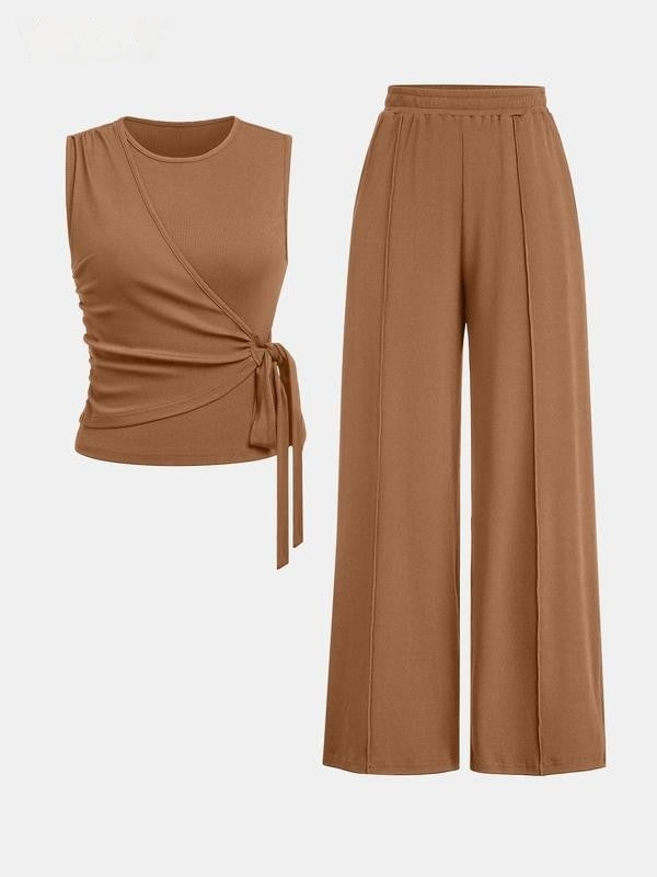 Women's Solid Knot Front Tank Top & Wide Leg Pants Set