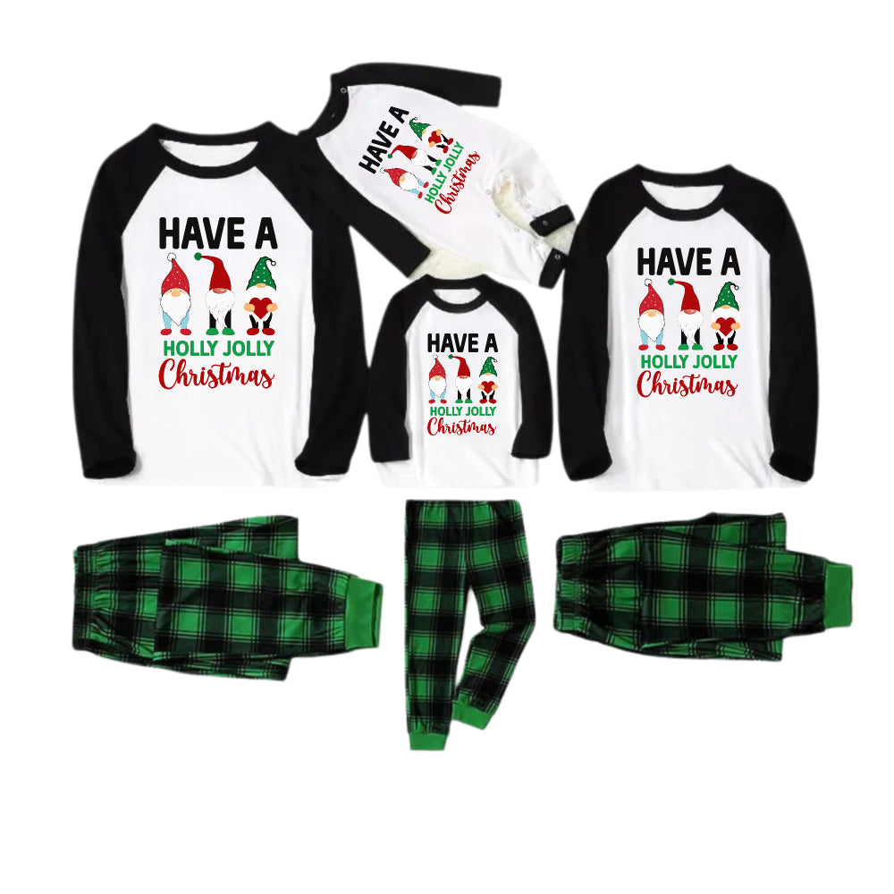 Black Raglan Top Green Plaid Christmas Pajamas Set With Cute Gnome and Holiday Lettering