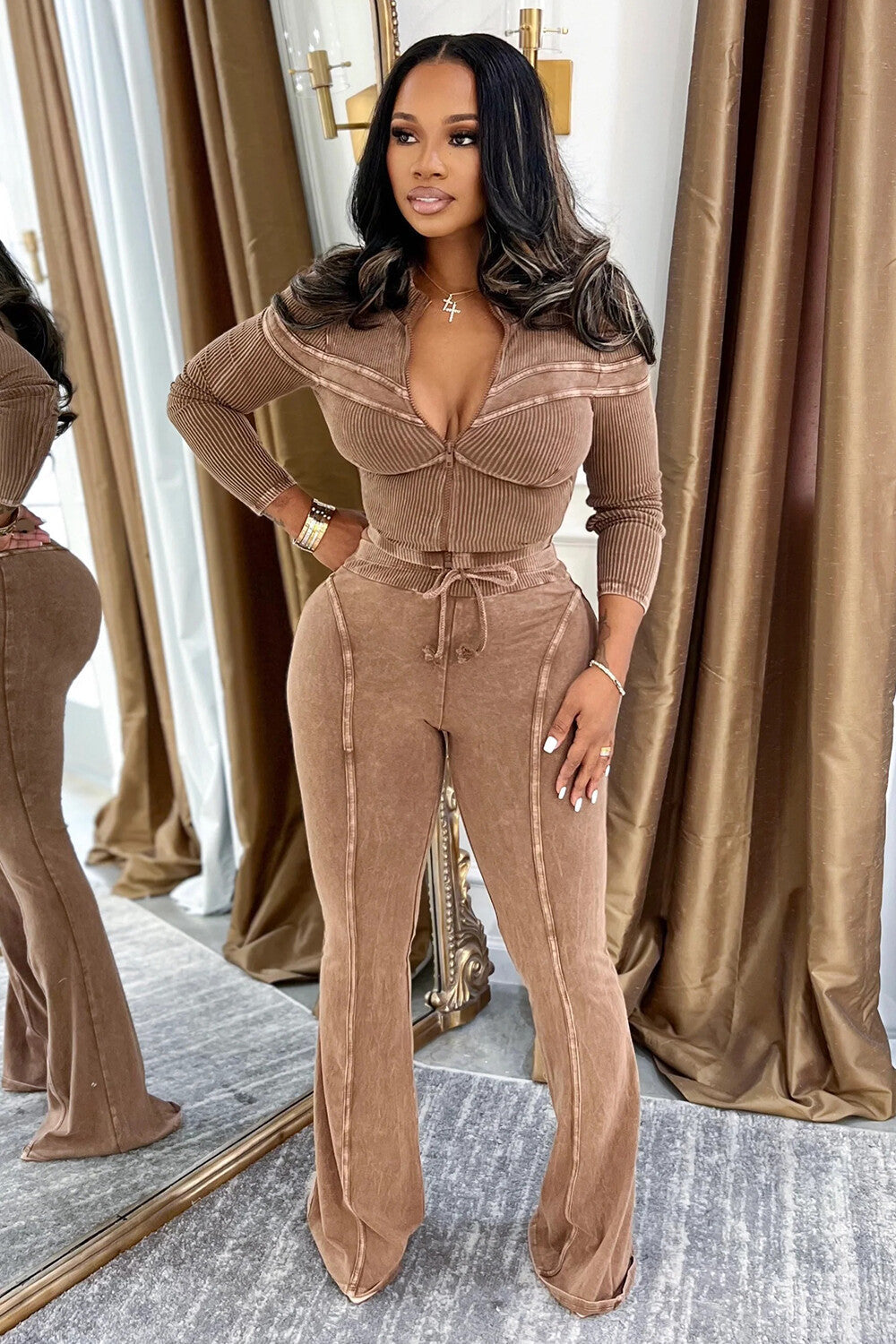 Long Sleeve Zipper Top Tie Up Bootcut Pants 2pcs Set-Brown