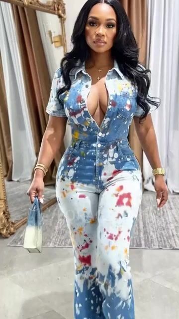 Splash Ink Print Denim Short Sleeve Bootcut Casual Jumpsuit-Blue