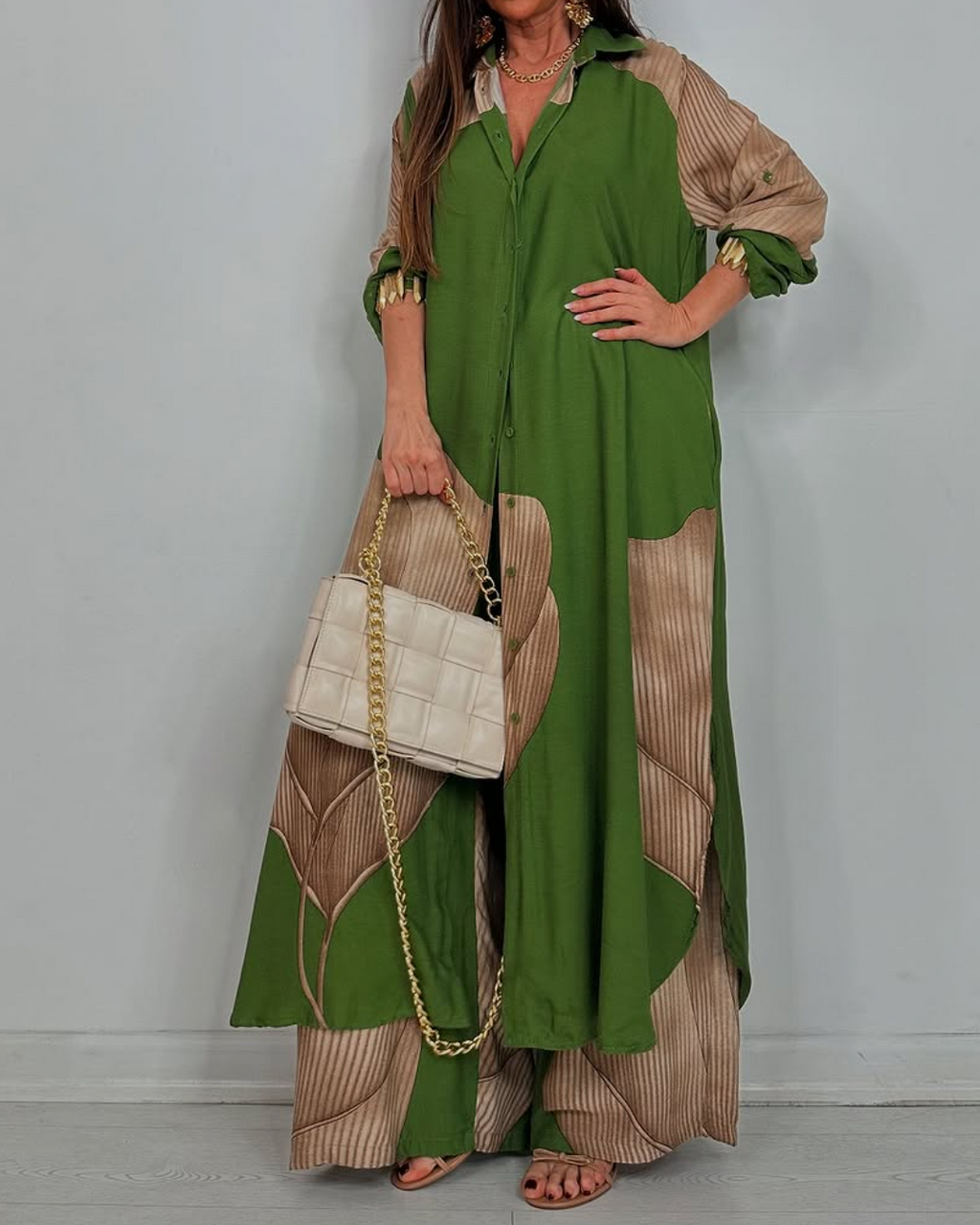 Women's V-neck Patchwork Printed Top and Pants Commuting Casual Suit