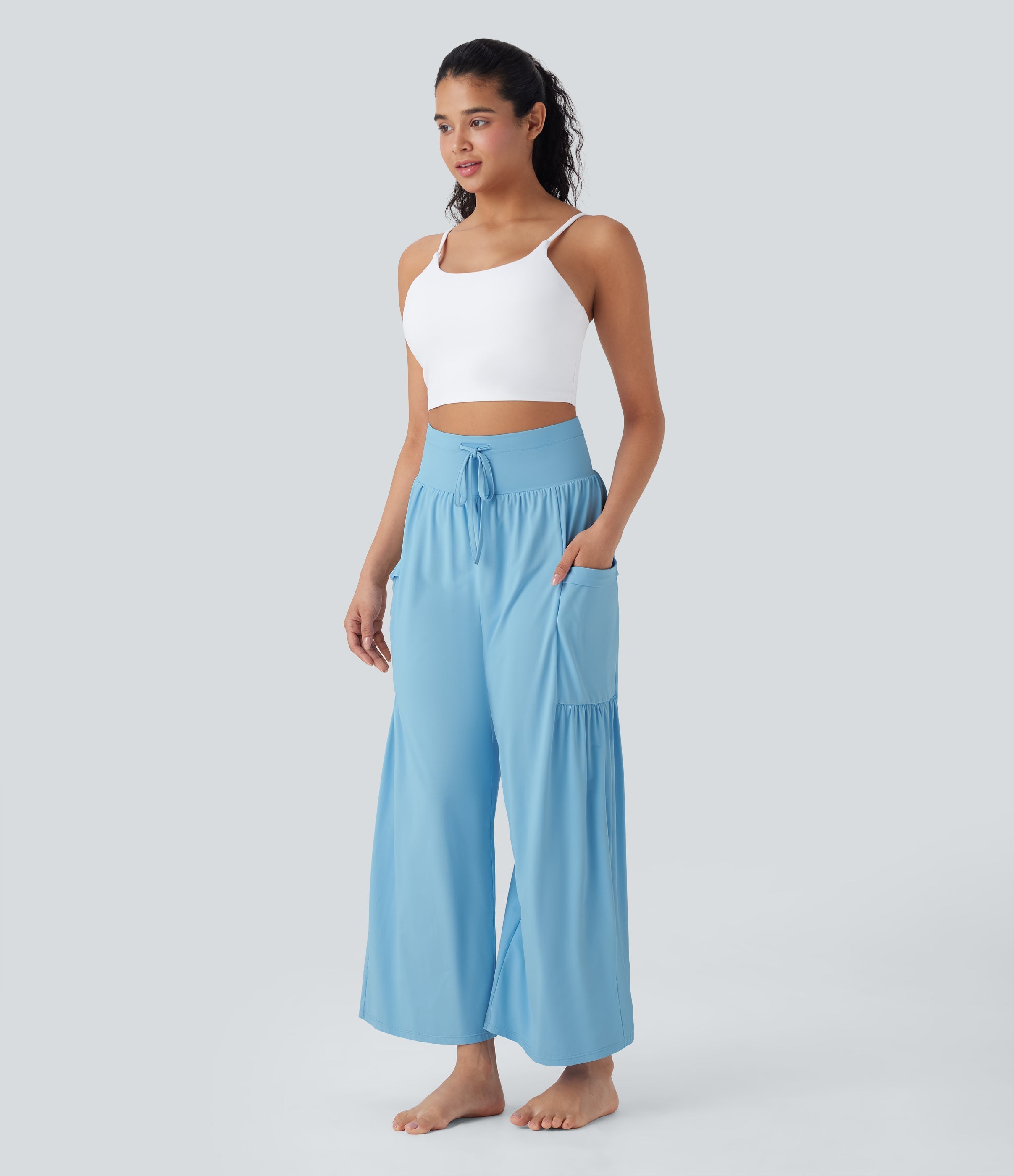 SoCinched High Waisted Tummy Control Drawstring Wide Leg Cool Touch Yoga Pants with Pockets-UPF50+