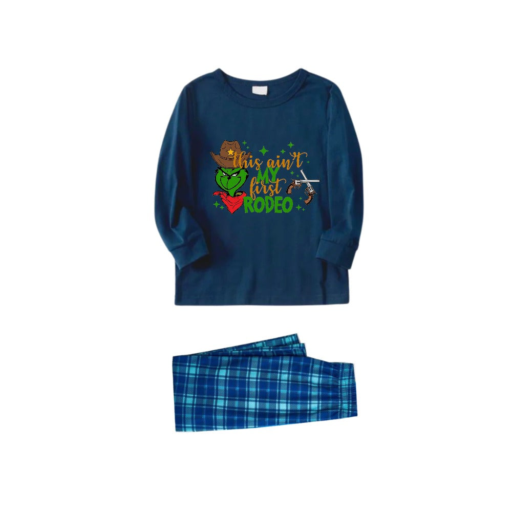 Christmas Family Matching Pajamas-Navy & Sky Blue Plaid Pjs Set with "This Ain't My First Rodeo" and Grinch Pattern Print