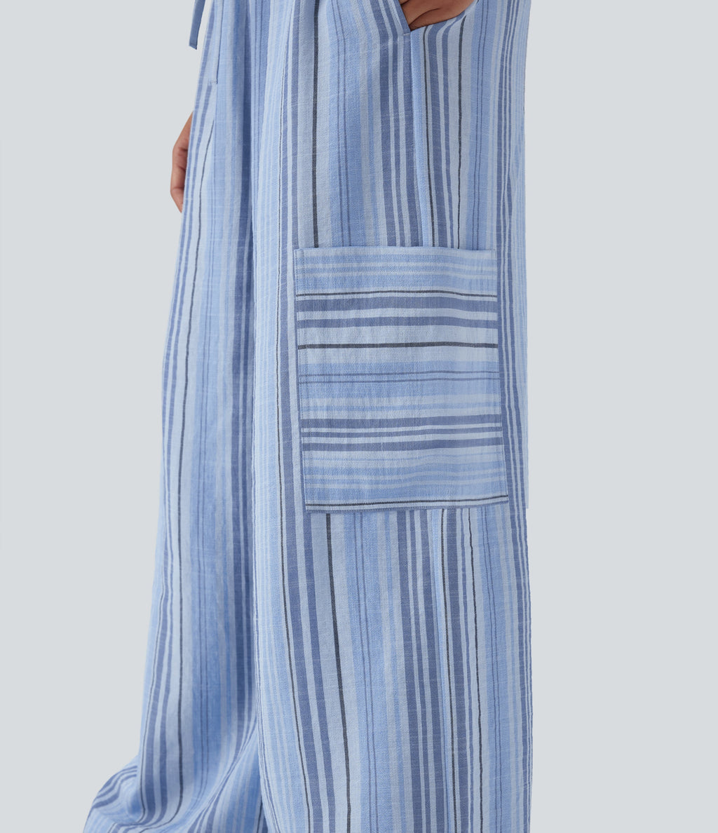 Low Rise Drawstring Wide Leg Stripe Casual Linen-Feel Pants with Pockets