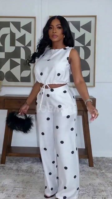 Polka Dot Boat Neck Sleeveless Top Wide Leg Pants 2pcs Set-White