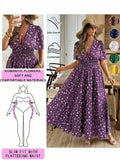 Plus Size French Floral Dress, Deep V Neck Waist Cinch Slimming Short Sleeve Long Dress, Vacation Style, Women's Fashion