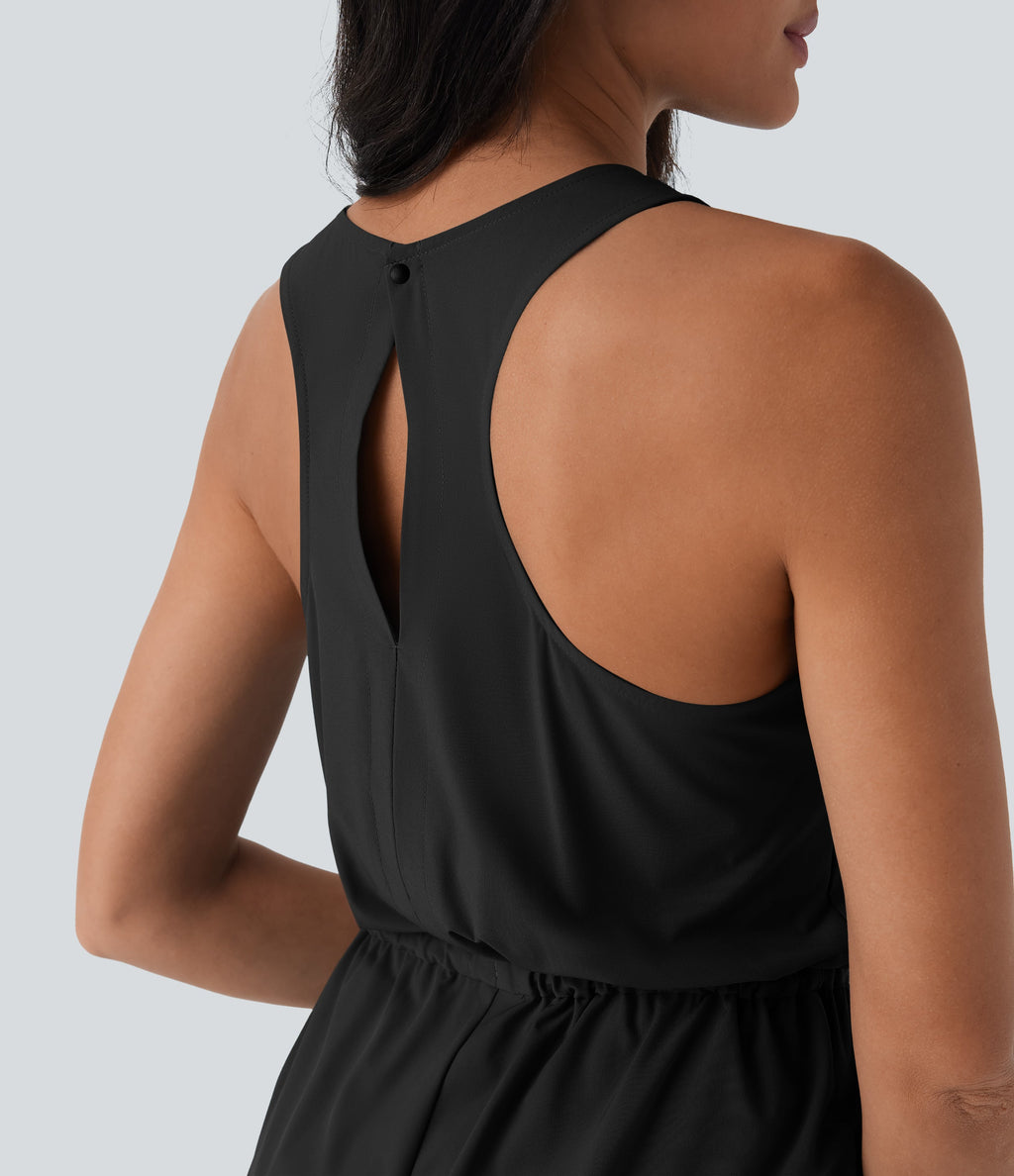 BreezefulTM Sleeveless Cut Out Drawstring Quick Dry Hiking Romper with Pockets