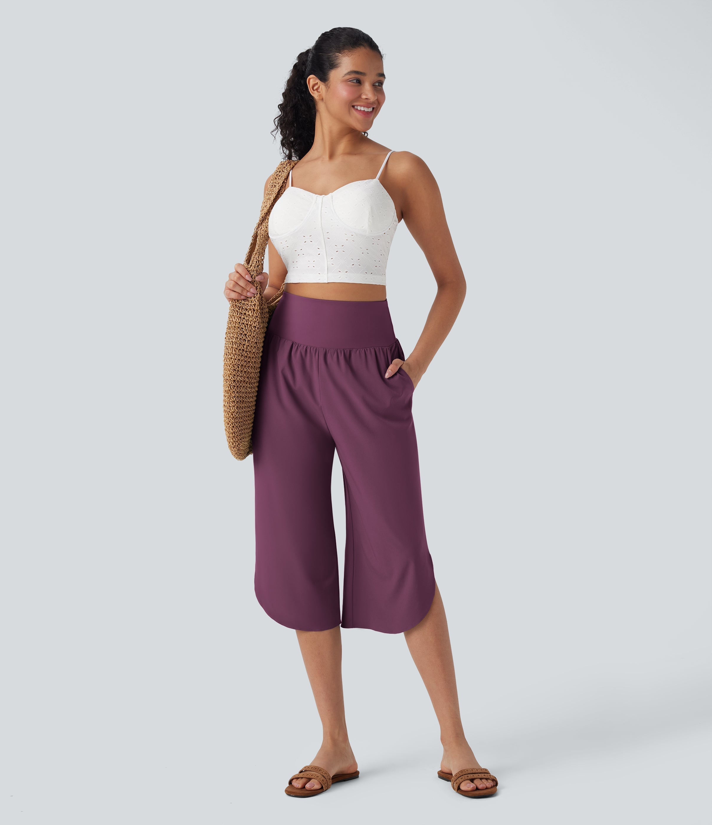 BreezefulTM SoCinched High Waisted Tummy Control Hem Quick Dry Capri Pants with Pockets