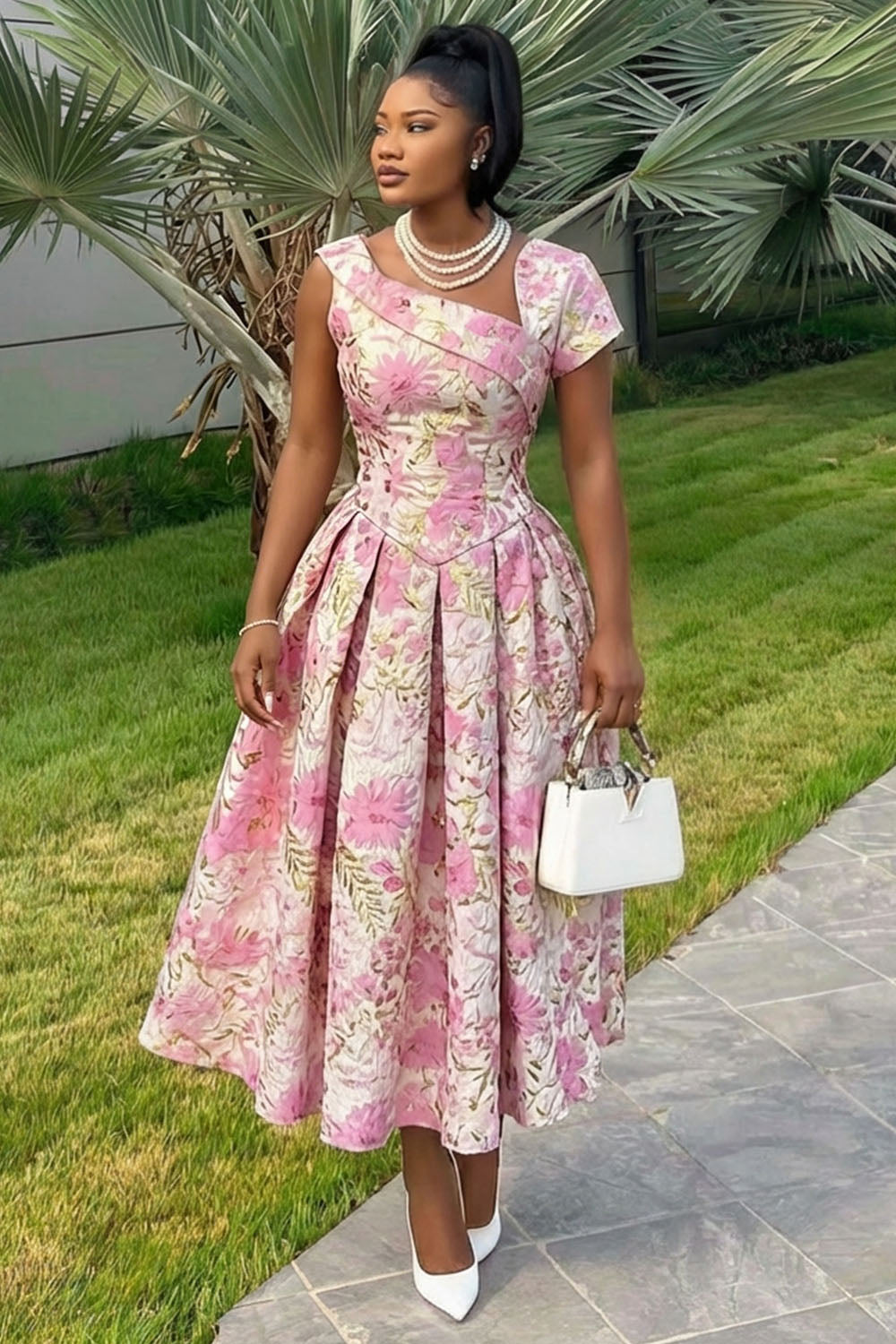 Irregular Neck Sleeveless Jacquard A-Line Party Maxi Dresses-Pink