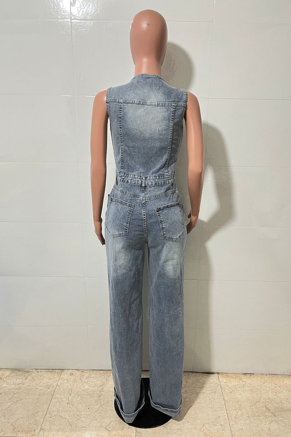 Sleeveless Single Breasted High Waist Straight Leg Washed Denim Jumpsuit-Blue