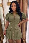 Turndown Collar Puff Sleeve A-Line Casual Mini Dresses-Green