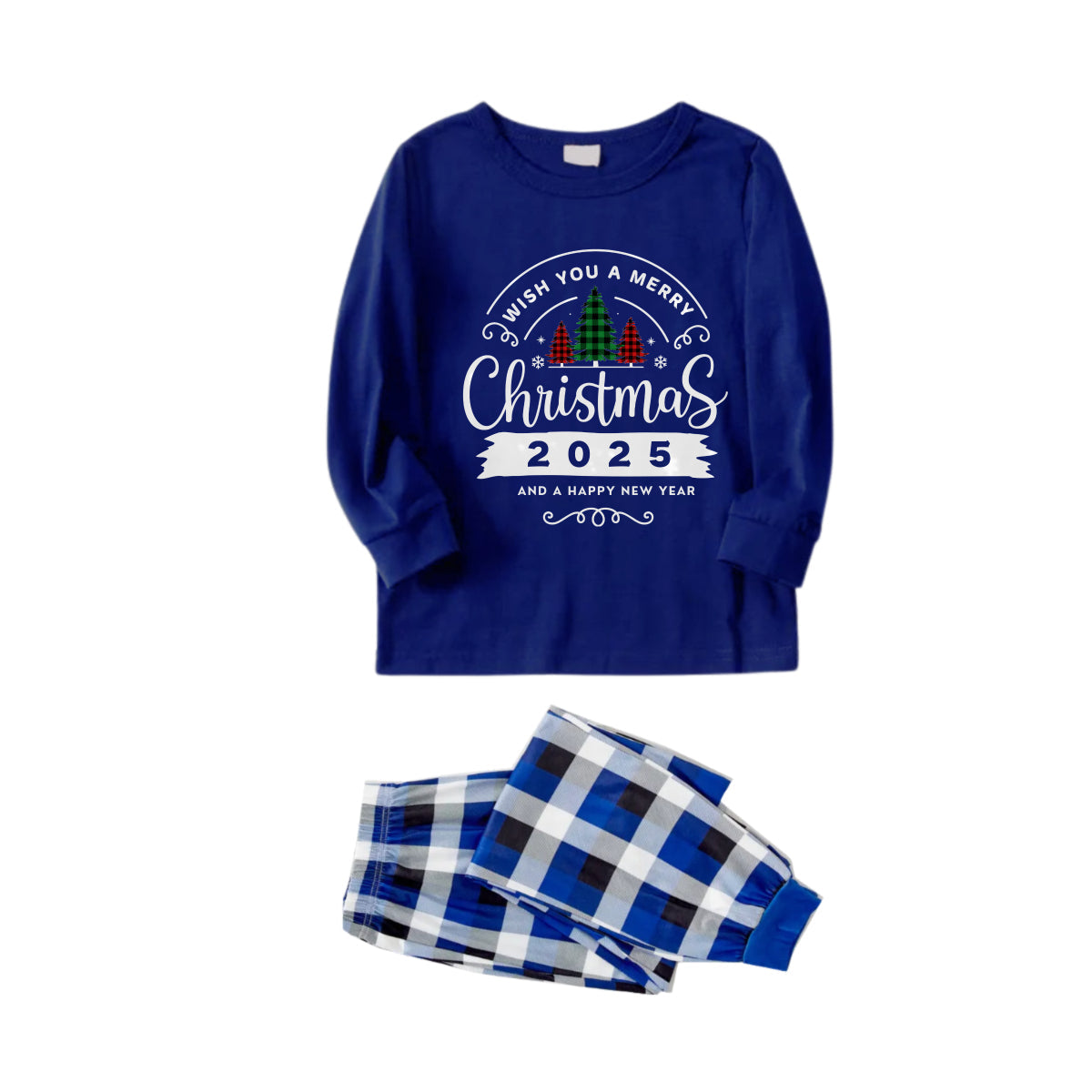 Christmas Family Matching Pajamas-Navy & White Plaid Pjs Set with "Wish You A Merry Christmas" Print